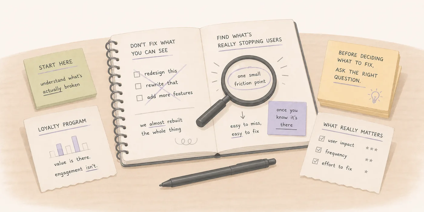 An open notebook with redesign this and rewrite that crossed out, a magnifying glass over one small friction point, and a note reading before deciding what to fix, ask the right question.