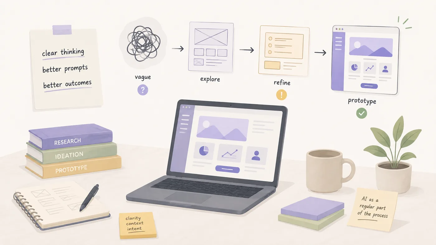A desk with a laptop, notebook, and sticky notes, above a flow running from a vague prompt through explore and refine to a finished prototype.