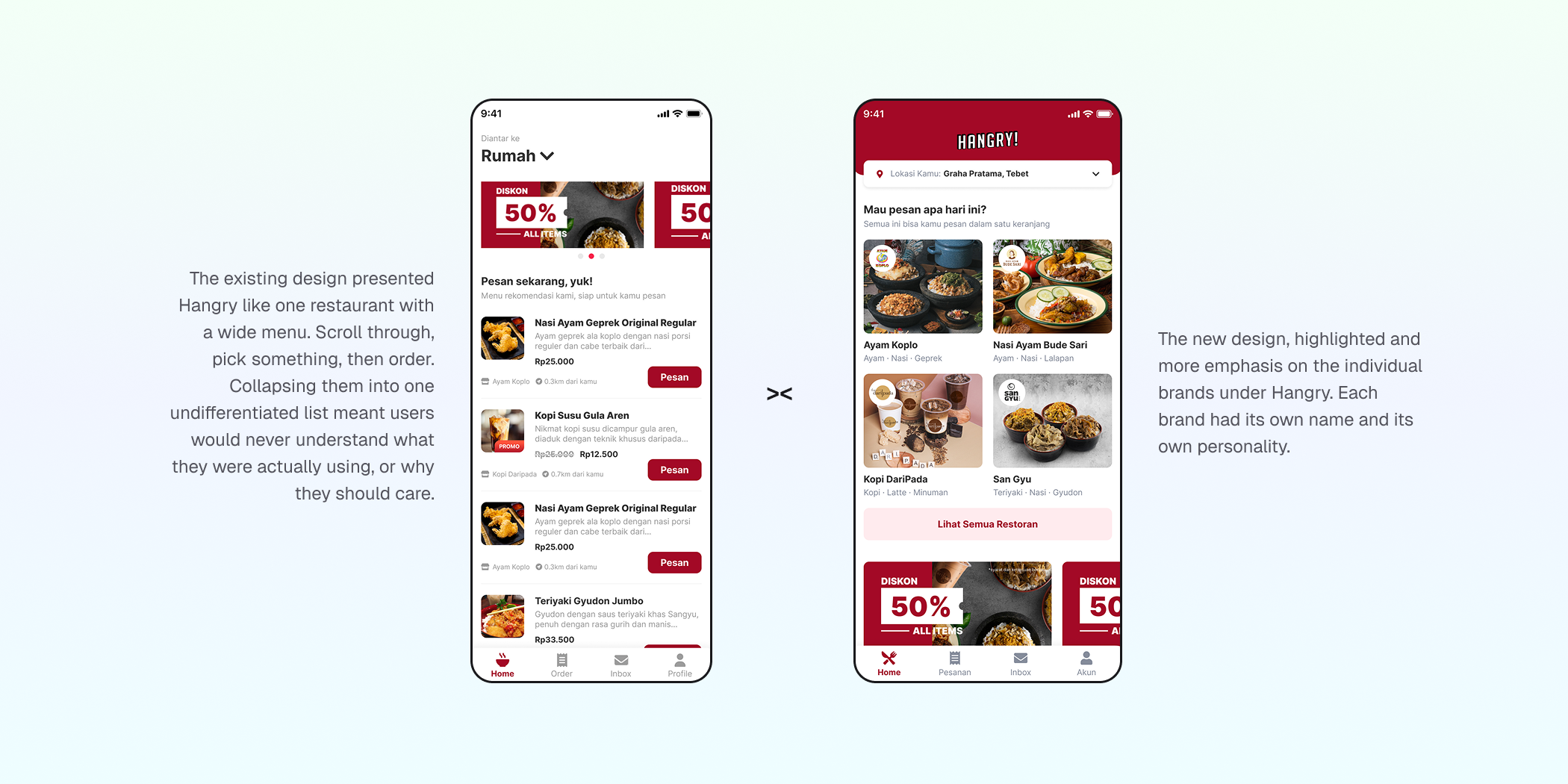 Existing design versus new design — the old home screen listed every dish as one long menu, the new one leads with each brand